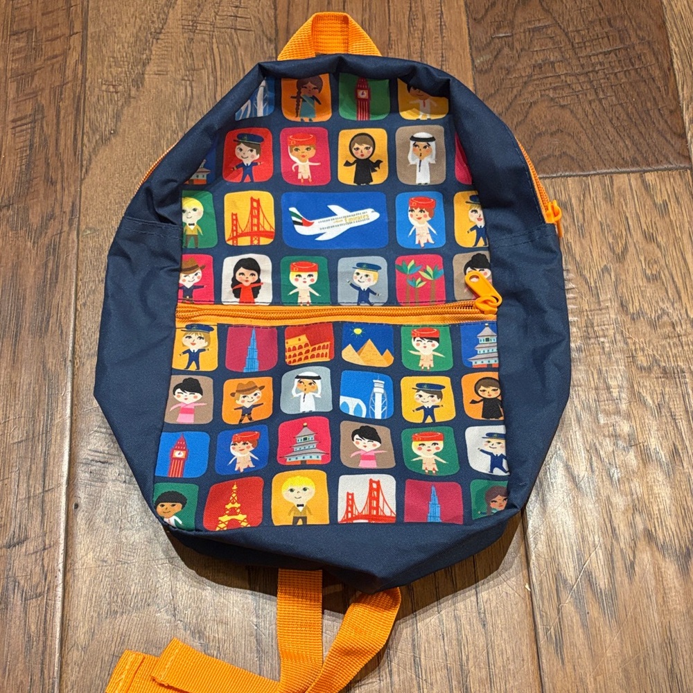 Fly Emirates around the World Small Kids Colorful Backpack with Travel Icons